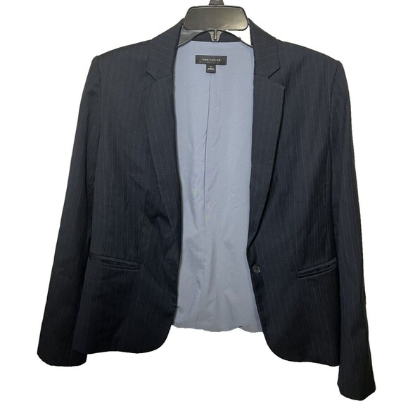 Ann Taylor Womens Blazer Size 6p Petite Dark Blue %80 Wool Single Button Jacket - Picture 1 of 12
